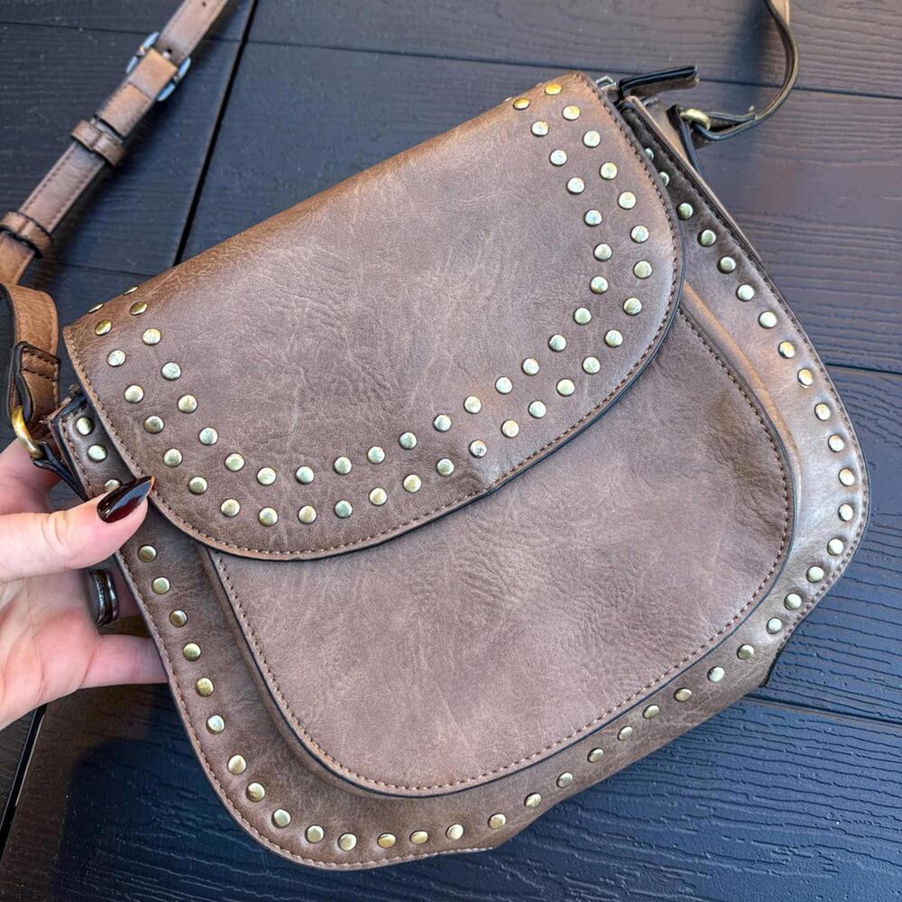 Sasha + Sofi Studded Brown Saddle Crossbody Bag